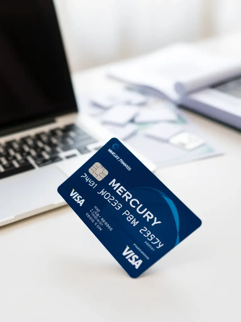 A professional, well-lit photograph of a Mercury Rewards Visa card on a clean, modern desk, with a laptop and financial documents subtly blurred in the background.