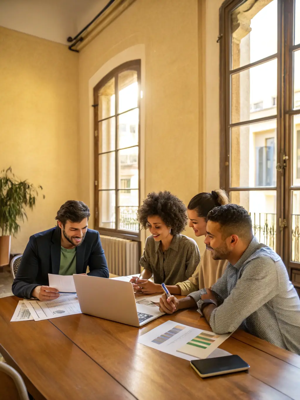 A diverse group of business professionals collaborating in a modern workspace, representing GetCenter's focus on supporting businesses of all sizes.