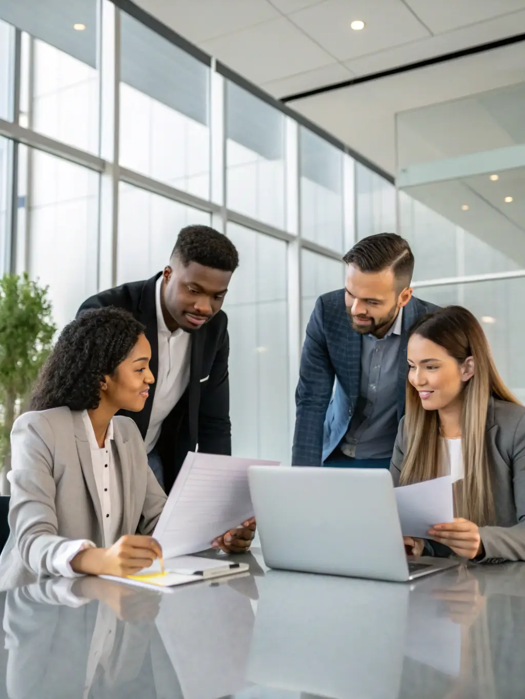 A diverse group of people collaborating in a modern office setting, representing Mercury's focus on community and customer support.