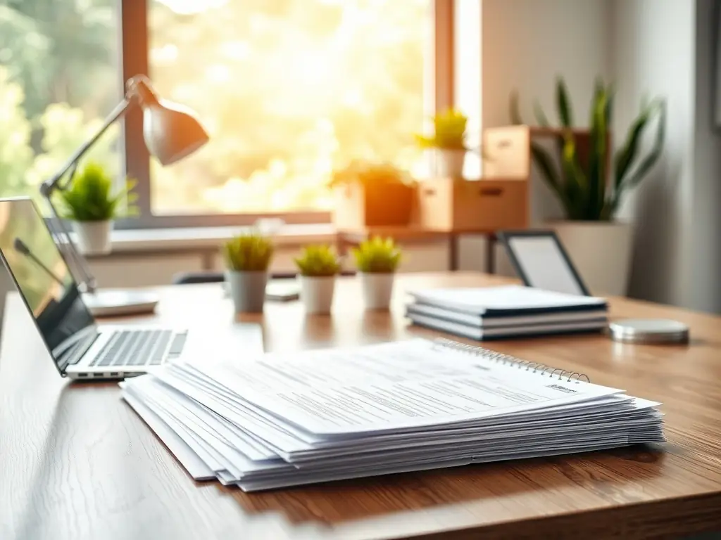 A professional workspace featuring a Ramp corporate card on a desk, surrounded by financial documents and a laptop displaying expense management software, symbolizing Ramp's focus on modern business finance.
